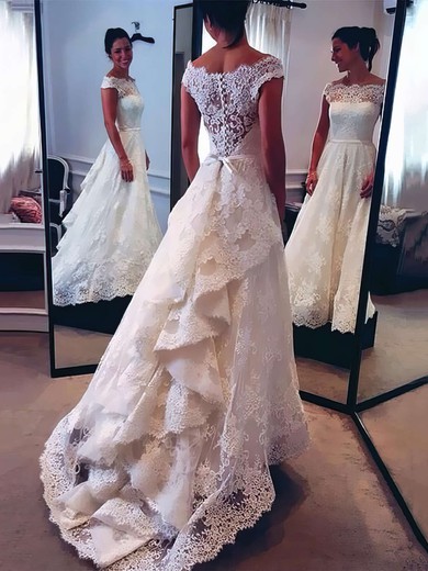 Ball Gown Off-the-shoulder Lace Sweep Train Wedding Dresses With Cascading Ruffles #Milly00022528