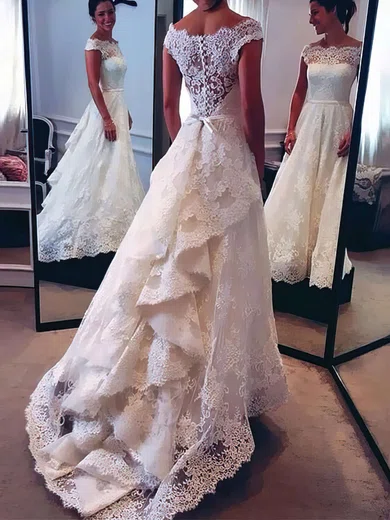 Ball Gown/Princess Off-the-shoulder Lace Sweep Train Wedding Dresses With Cascading Ruffles #Milly00022528