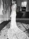 Hot Trumpet/Mermaid Scoop Neck Lace Court Train Appliques Lace Open Back Wedding Dresses #Milly00022529