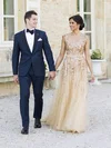 Stunning A-line Scoop Neck Tulle Sweep Train Crystal Detailing Champagne Wedding Dresses #Milly00022530