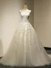 Ball Gown Illusion Tulle Court Train Wedding Dresses With Appliques Lace #Milly00022534