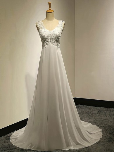 A-line Sweetheart Chiffon Sweep Train Wedding Dresses With Appliques Lace #Milly00022536