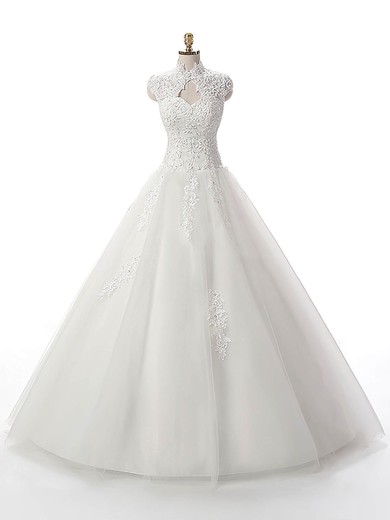 Ball Gown High Neck Tulle Floor-length Appliques Lace White Noble Wedding Dresses #Milly00022537