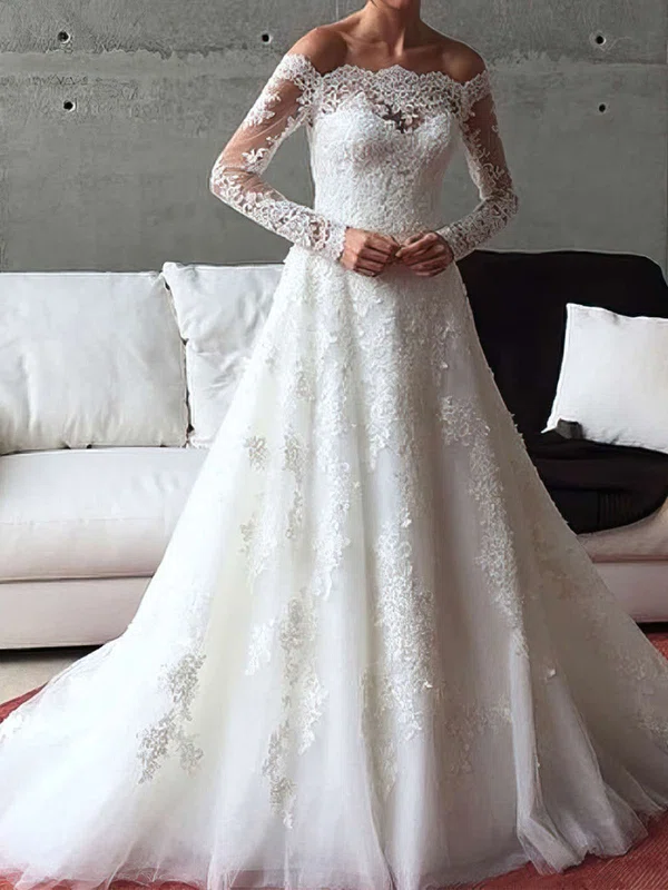 Ball Gown Off-the-shoulder Tulle Sweep Train Wedding Dresses With Appliques Lace #Milly00022541