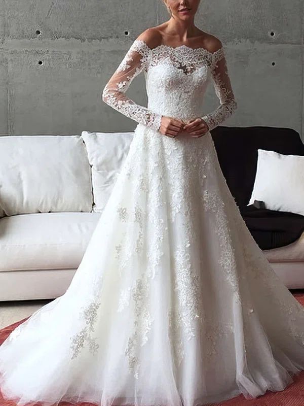 Perfect A-line Off-the-shoulder Tulle Sweep Train Appliques Lace Long Sleeve Wedding Dresses #Milly00022541