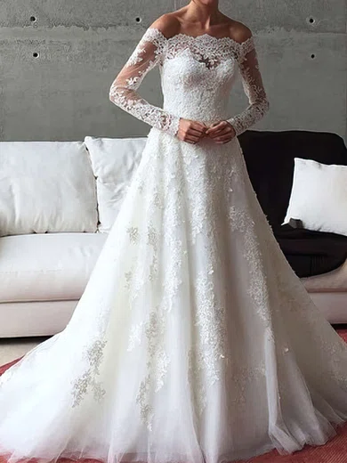 Ball Gown/Princess Off-the-shoulder Tulle Sweep Train Wedding Dresses With Appliques Lace #Milly00022541