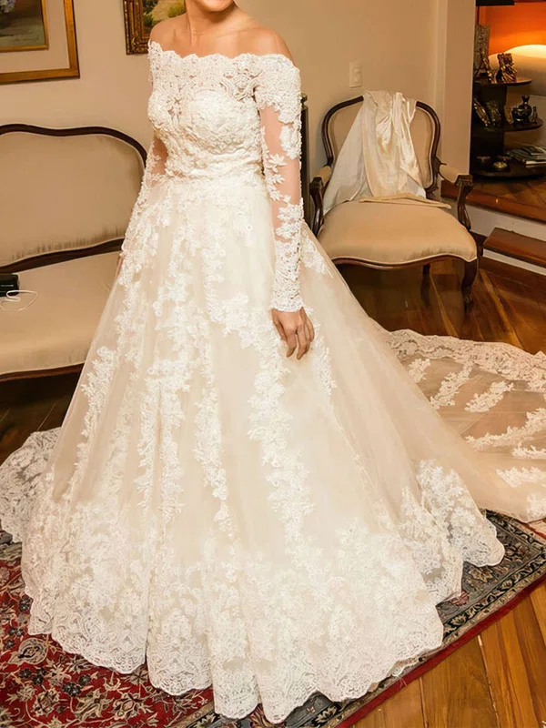 Ball Gown/Princess Off-the-shoulder Tulle Chapel Train Wedding Dresses With Beading #Milly00022542