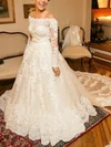 Fabulous A-line Scoop Neck Tulle Chapel Train Beading Long Sleeve Wedding Dresses #Milly00022542