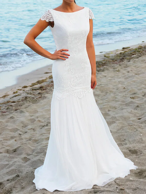 Trumpet/Mermaid Scoop Neck Chiffon Floor-length Wedding Dresses With Lace #Milly00022545