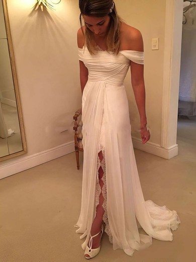 Classy Sheath/Column Off-the-shoulder Chiffon Watteau Train Lace Backless Wedding Dresses #Milly00022548