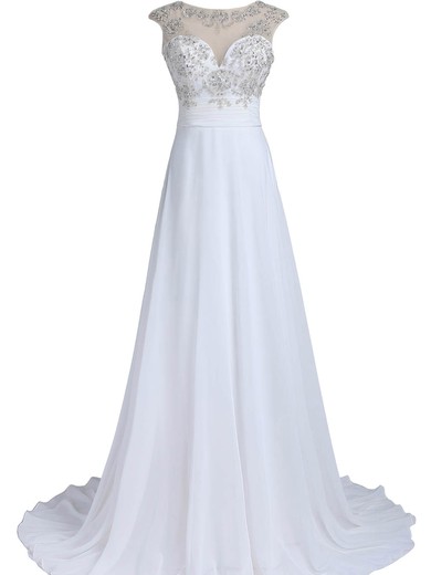 White A-line Scoop Neck Chiffon Tulle Sweep Train Beading Open Back Cheap Wedding Dresses #Milly00022549