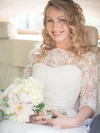 Newest A-line Scalloped Neck Lace Chiffon Sweep Train Sashes / Ribbons 3/4 Sleeve Wedding Dresses #Milly00022552