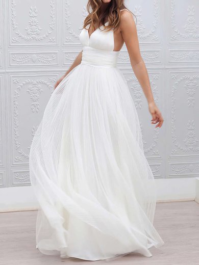 A-line V-neck Tulle Floor-length Wedding Dresses With Ruffles #Milly00022553