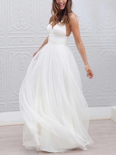 A-line V-neck Tulle Floor-length Wedding Dresses With Ruffles #Milly00022553