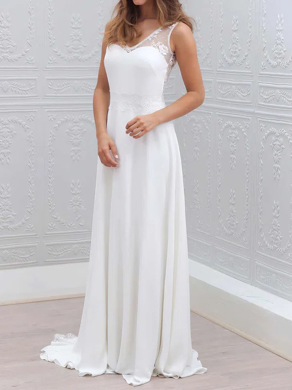 A-line V-neck Lace Chiffon Sweep Train Wedding Dresses With Sashes / Ribbons #Milly00022555