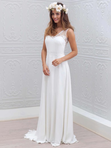 A-line V-neck Lace Chiffon Sweep Train Wedding Dresses With Sashes / Ribbons #Milly00022555