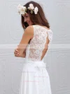 New Style Sheath/Column V-neck Lace Chiffon Sweep Train Sashes / Ribbons White Wedding Dresses #Milly00022555