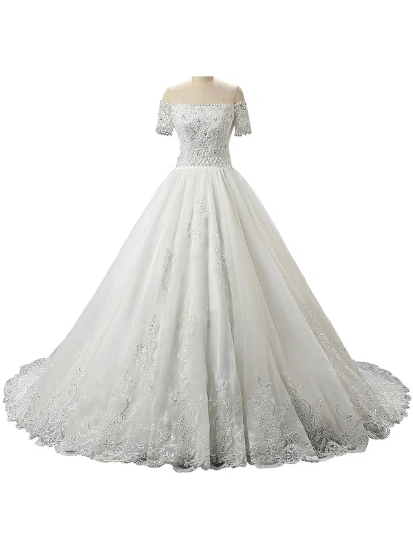 Ball Gown Off-the-shoulder Organza Court Train Beading Short Sleeve Vintage Wedding Dress #Milly00022559