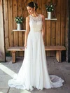 A-line Illusion Chiffon Sweep Train Wedding Dresses With Appliques Lace #Milly00022561