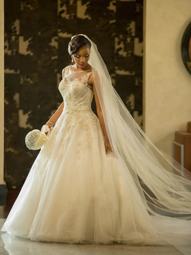 A-line Scoop Neck Tulle Sweep Train Appliques Lace Beautiful Wedding Dresses #Milly00022564