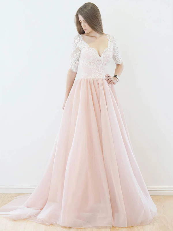 Ball Gown V-neck Lace Tulle Sweep Train Wedding Dresses #Milly00022565