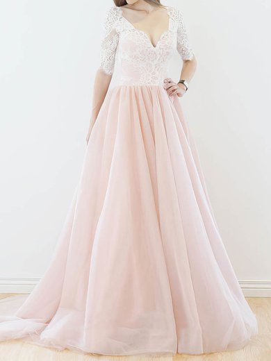 Ball Gown/Princess V-neck Lace Tulle Sweep Train Wedding Dresses #Milly00022565