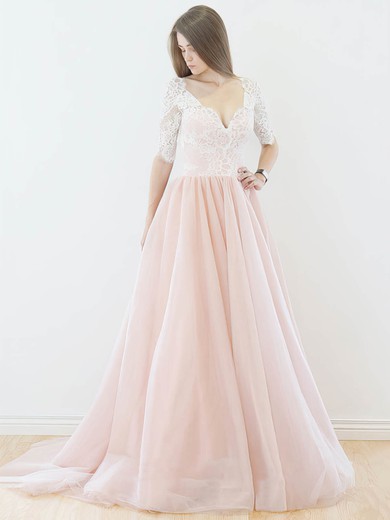 Pretty Backless A-line V-neck Lace Tulle Sweep Train Lace 1/2 Sleeve Wedding Dresses #Milly00022565