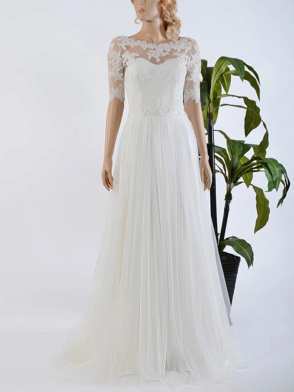 A-line Illusion Tulle Sweep Train Wedding Dresses With Appliques Lace #Milly00022567