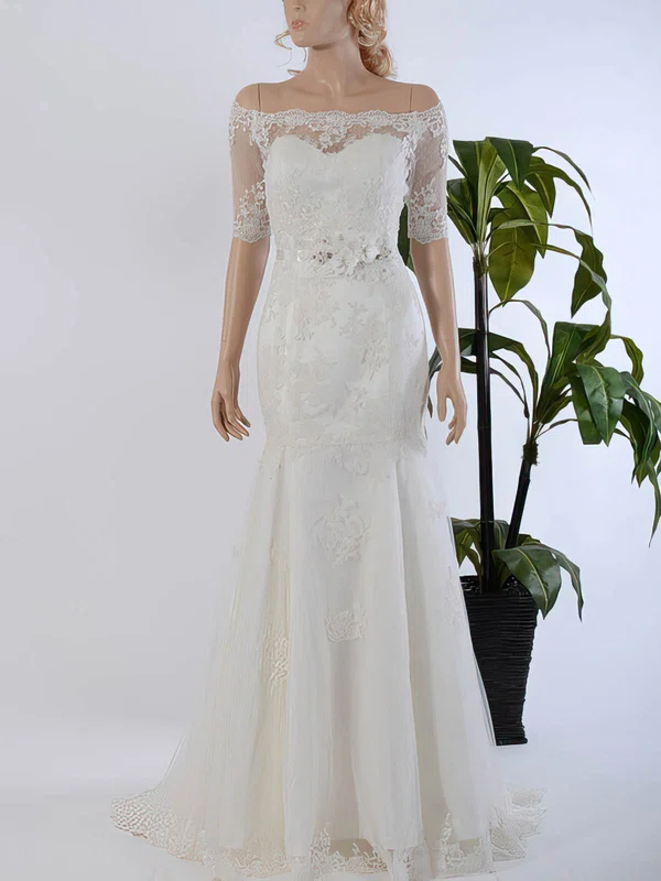 Trumpet/Mermaid Off-the-shoulder Tulle Sweep Train Wedding Dresses With Appliques Lace #Milly00022568
