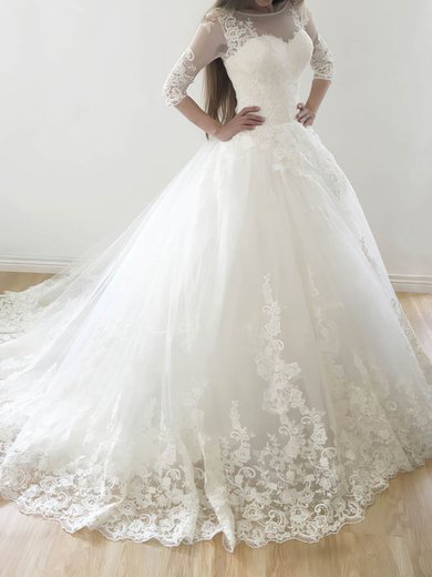 Ball Gown/Princess Illusion Tulle Court Train Wedding Dresses With Appliques Lace #Milly00022569