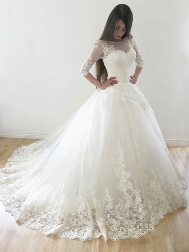 Best Princess Scoop Neck Tulle Court Train Appliques Lace 3/4 Sleeve Wedding Dresses #Milly00022569