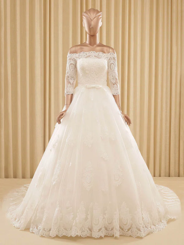 Ball Gown Off-the-shoulder Tulle Chapel Train Wedding Dresses With Appliques Lace #Milly00022571