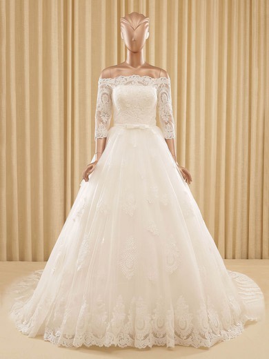 Boutique A-line Off-the-shoulder Tulle Chapel Train Appliques Lace 3/4 Sleeve Wedding Dress #Milly00022571