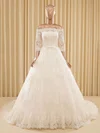 Ball Gown Off-the-shoulder Tulle Chapel Train Wedding Dresses With Appliques Lace #Milly00022571