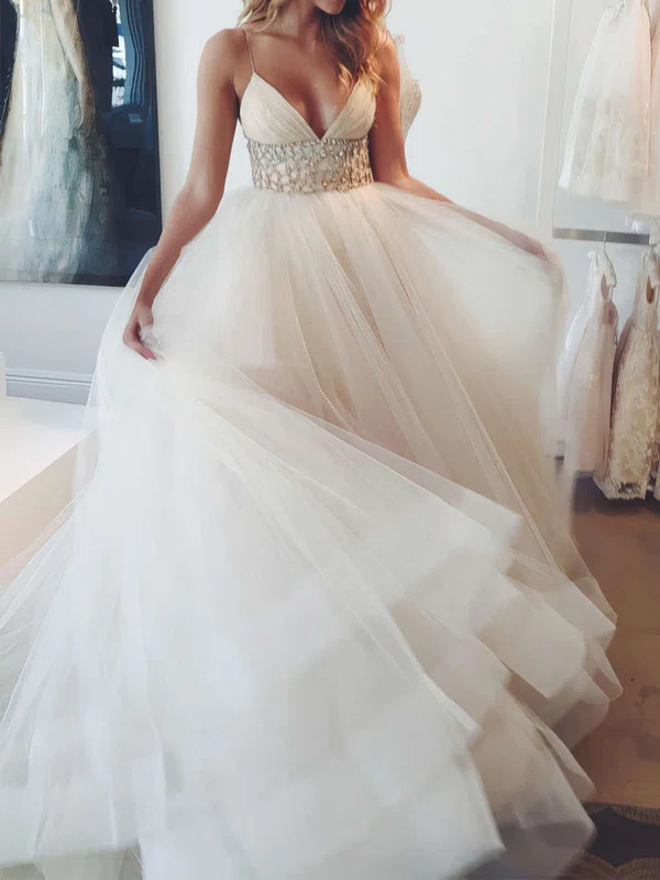 Ball Gown V-neck Tulle Court Train Wedding Dresses With Crystal Detailing #Milly00022575