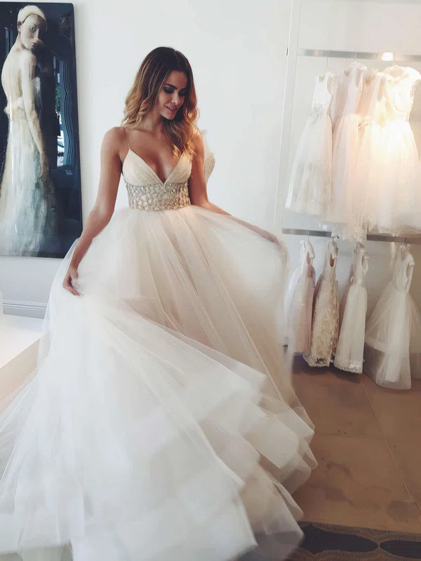 Ball Gown V-neck Tulle Court Train Wedding Dresses With Crystal Detailing #Milly00022575