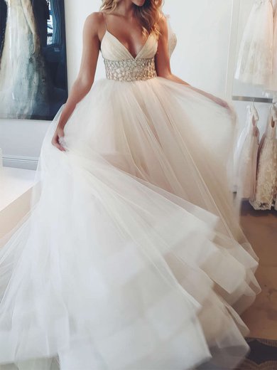 Ball Gown V-neck Tulle Court Train Wedding Dresses With Crystal Detailing #Milly00022575