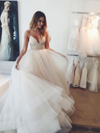 Ball Gown V-neck Tulle Court Train Wedding Dresses With Crystal Detailing #Milly00022575