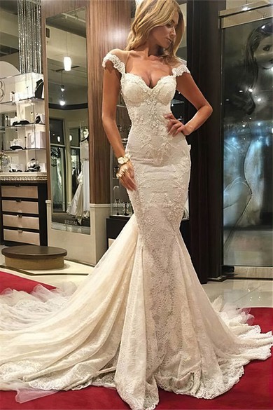 Trumpet/Mermaid V-neck Lace Tulle Watteau Train Appliques Lace Glamorous Wedding Dresses #Milly00022577