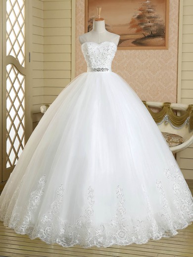 Wholesale Ball Gown Sweetheart Tulle Floor-length Sashes / Ribbons White Wedding Dresses #Milly00022578