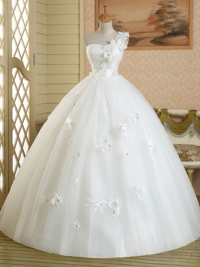 White Ball Gown One Shoulder Tulle Floor-length Appliques Lace Classic Wedding Dress #Milly00022582