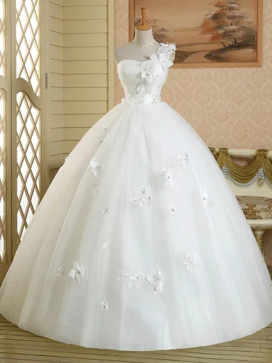 Ball Gown/Princess One Shoulder Tulle Floor-length Wedding Dresses With Appliques Lace #Milly00022582