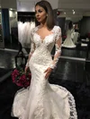 Boutique Trumpet/Mermaid Scoop Neck Tulle Court Train Appliques Lace Long Sleeve Wedding Dress #Milly00022585