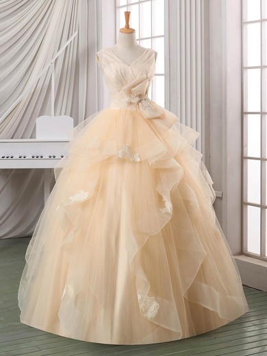 Elegant Ball Gown V-neck Satin Organza Tulle Floor-length Appliques Lace Backless Wedding Dresses #Milly00022587
