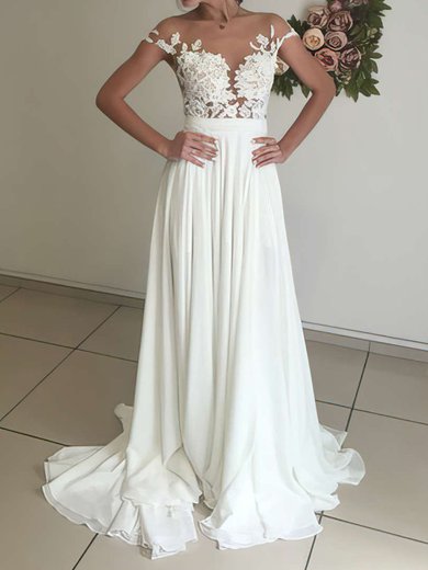 A-line Illusion Chiffon Sweep Train Wedding Dresses With Appliques Lace #Milly00022588