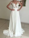 A-line Illusion Chiffon Sweep Train Wedding Dresses With Appliques Lace #Milly00022588