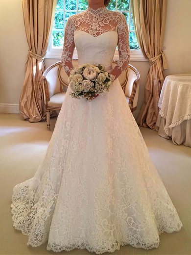 Ball Gown High Neck Lace Sweep Train Wedding Dresses With Sashes / Ribbons #Milly00022590