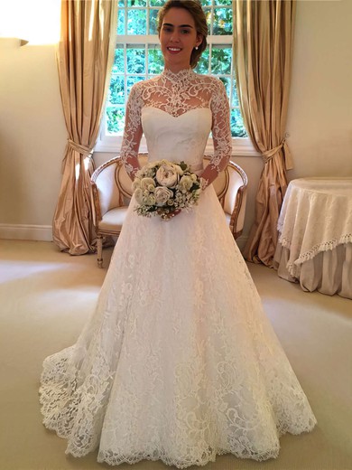 Ball Gown High Neck Lace Sweep Train Wedding Dresses With Sashes / Ribbons #Milly00022590