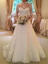 Ball Gown/Princess High Neck Lace Sweep Train Wedding Dresses With Sashes / Ribbons #Milly00022590