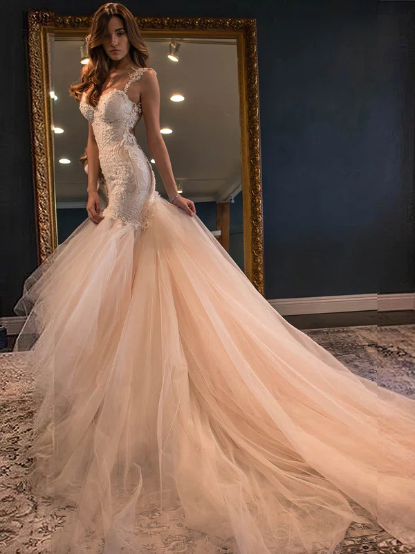 Trumpet/Mermaid Sweetheart Tulle Watteau Train Wedding Dresses With Appliques Lace #Milly00022591